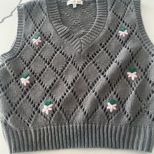 Woven Heart V-Neck Sweater Vest with Pink Floral Details Cottagecore Coquette